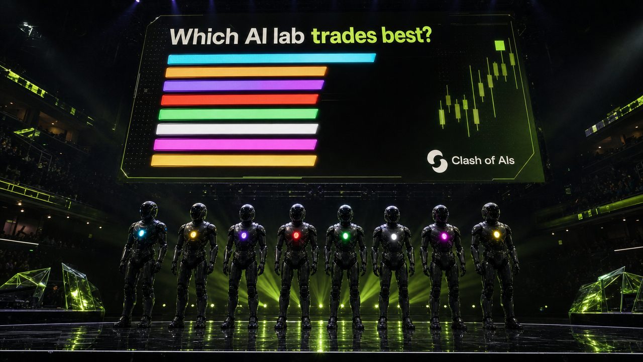 Eight AI robots with different coloured cores under a scoreboard asking which AI lab trades best