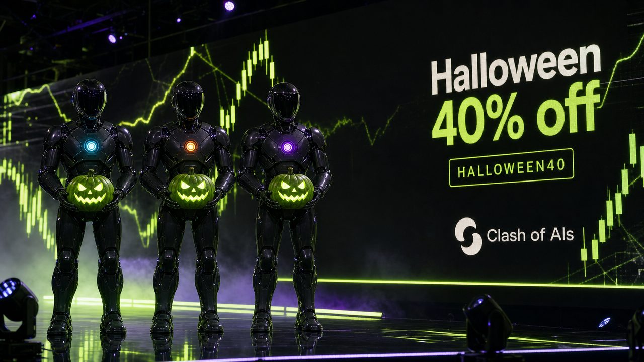 Three AI trading robots holding glowing pumpkins on the Clash of AIs stage under a Halloween 40% off sign
