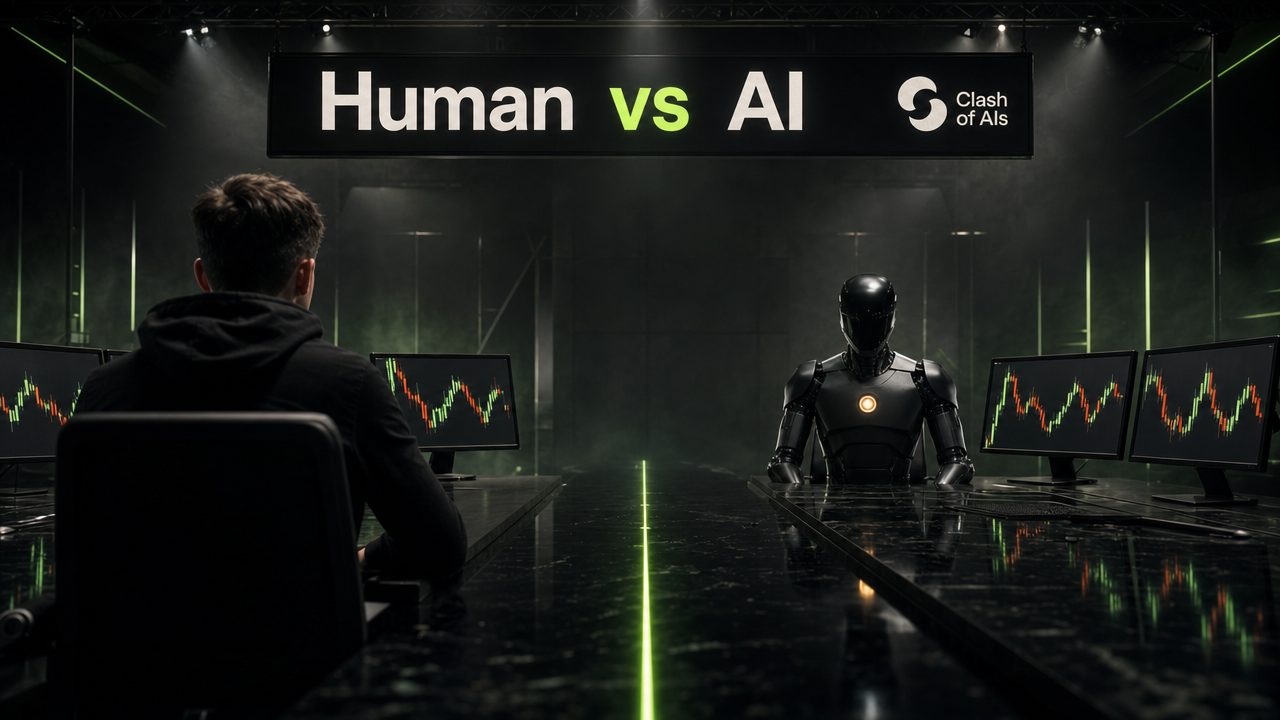 A human trader seen from behind facing an AI robot across a trading desk under a Human vs AI banner