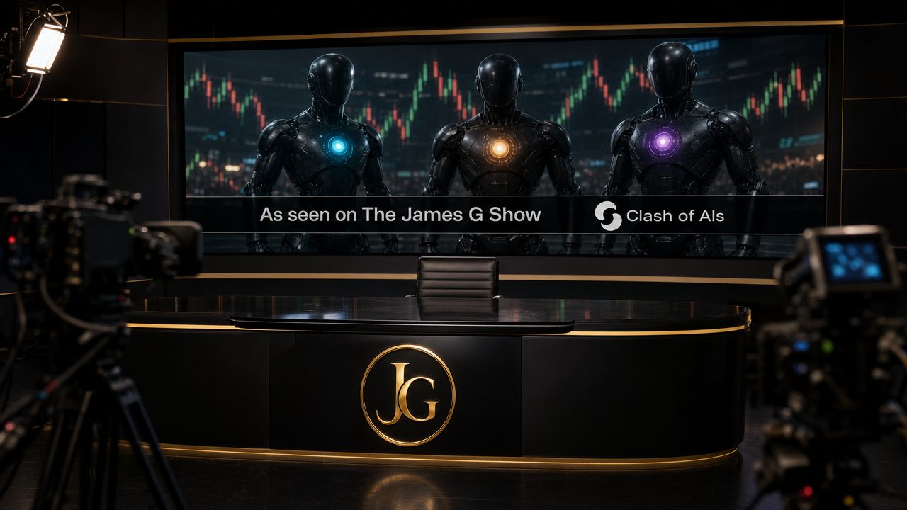 A TV studio desk with the JG monogram in front of a screen showing the Clash of AIs robots