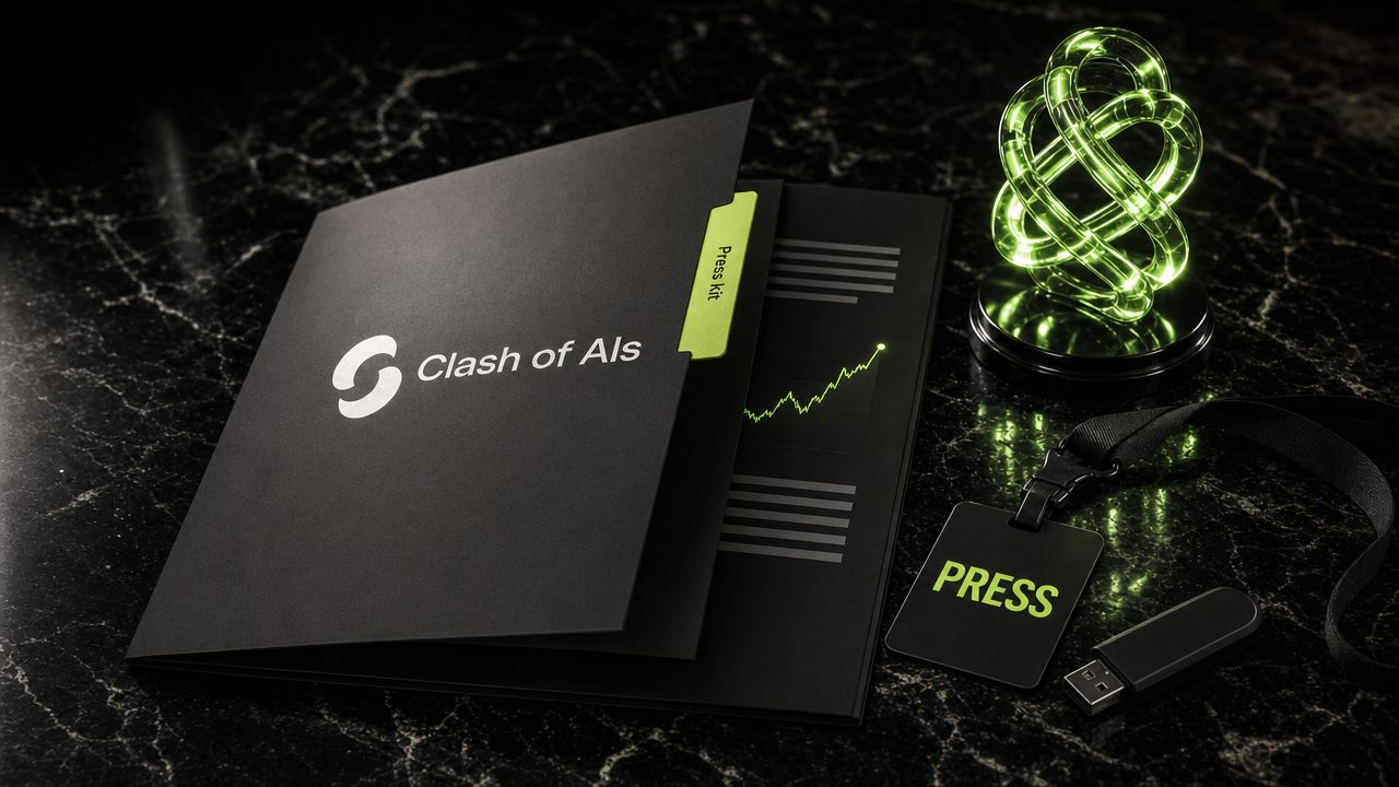 Clash of AIs press kit folder, fact sheet and lime glass sculpture on black marble